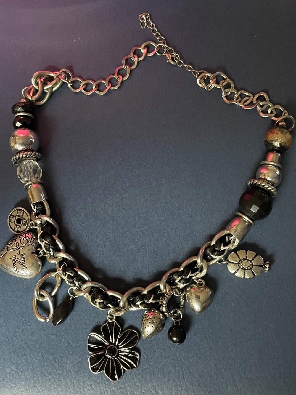Silver-Tone Flower & Heart Charm Necklace - Black Accents